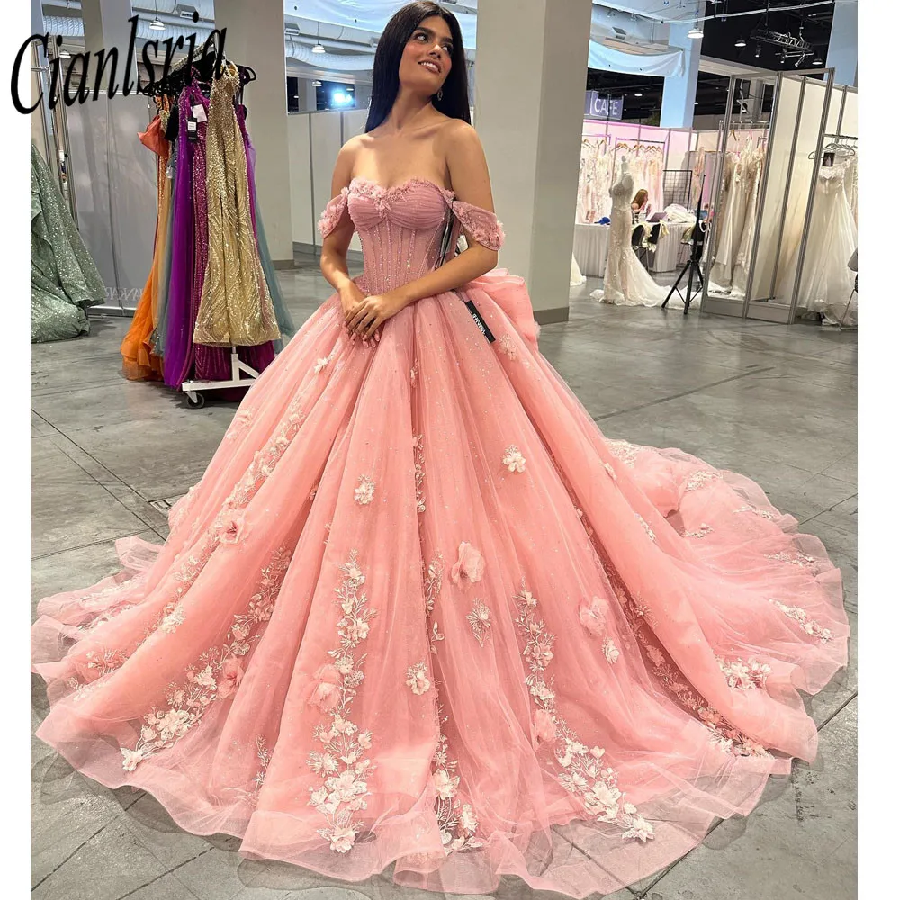 

Princess Flowers Pink Tulle Quinceanera Dresses Off The Shoulder Ball Gown Sweet Sixteen Dress Wedding Gowns vestidos 16