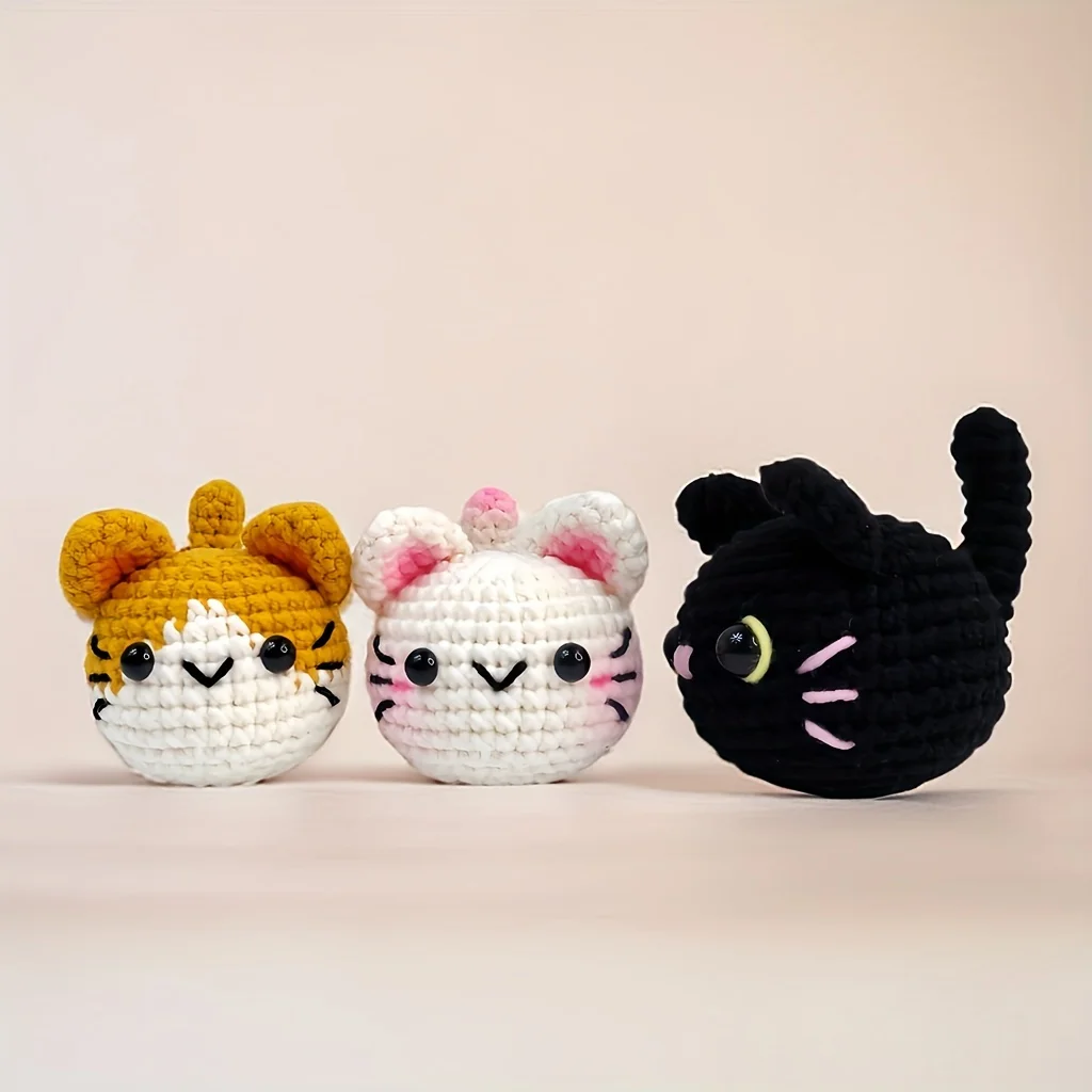 Crochet Kit 3pcs Cat Amigurumi Beginner Step-by-Step Video Tutorial DIY Crochet Cats