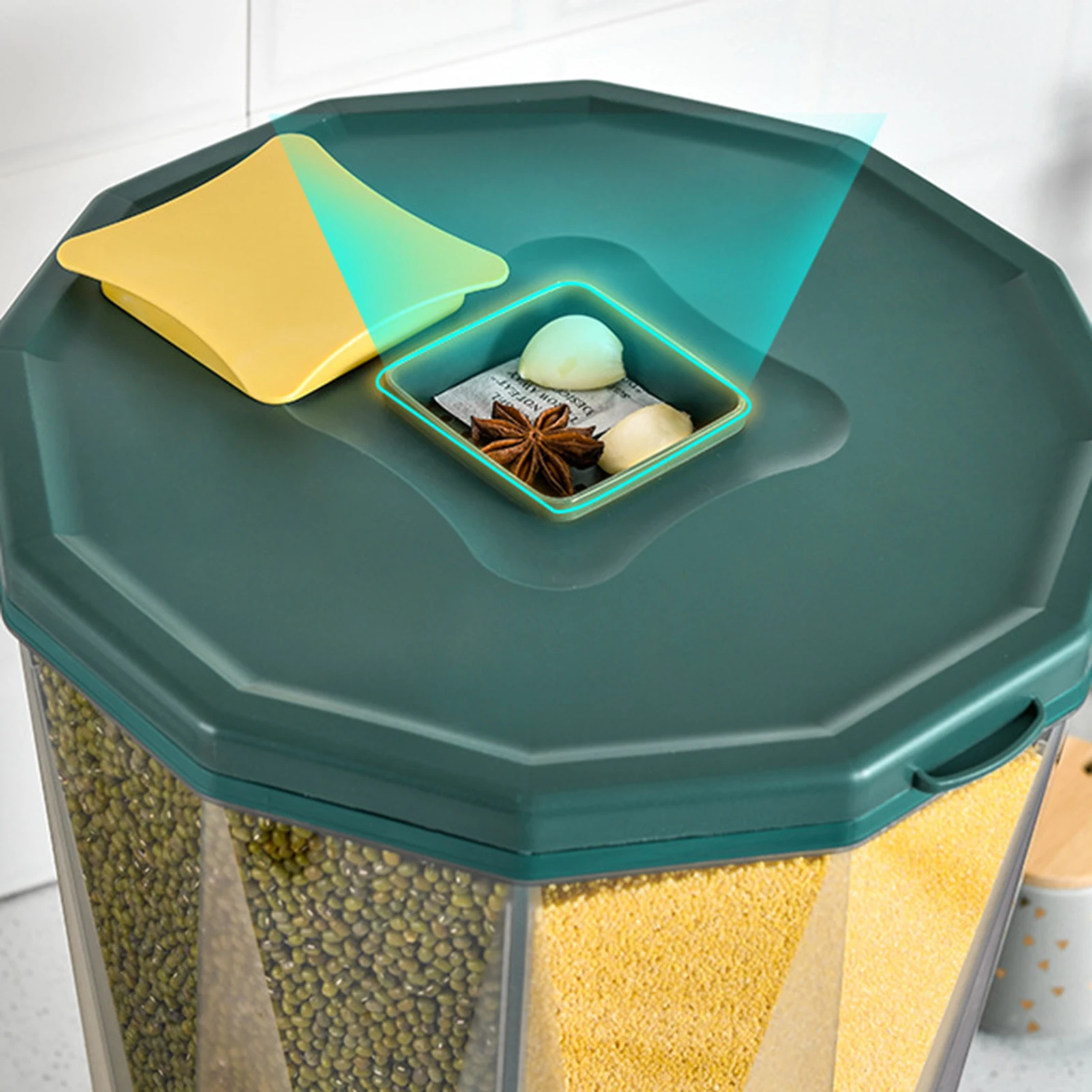 4 Grid Rice Dispenser Cereal Storage Container With Large Dry Food Container, Transparent 4 Compartments And Candy Rotating Base