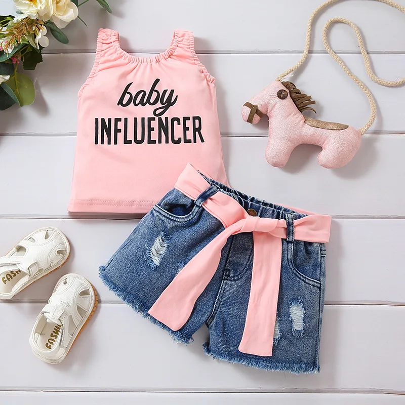 

Girls Clothes Sets Summer 2024 Children Fashion Sleeveless Vest Denim Shorts 2pcs Beach Suit For Baby Girl 0 To 4 Years Outfits