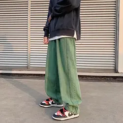 Cargo Jeans Men's New Hong Kong Style Trend Street Baggy Green Denim Trousers Wide Leg Casual Fashion Green Male Pants
