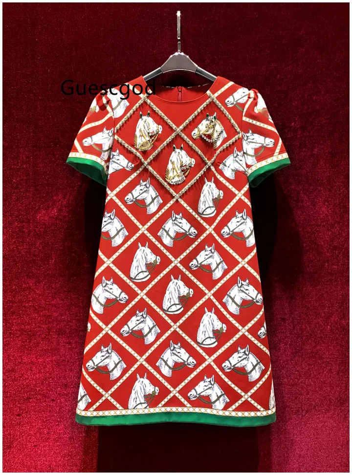 

Women Print Dress Vintage Print Diamond Designer Red Short Sleeve Dress Top Quality Brief 2023 Summer Horse Print Beading New