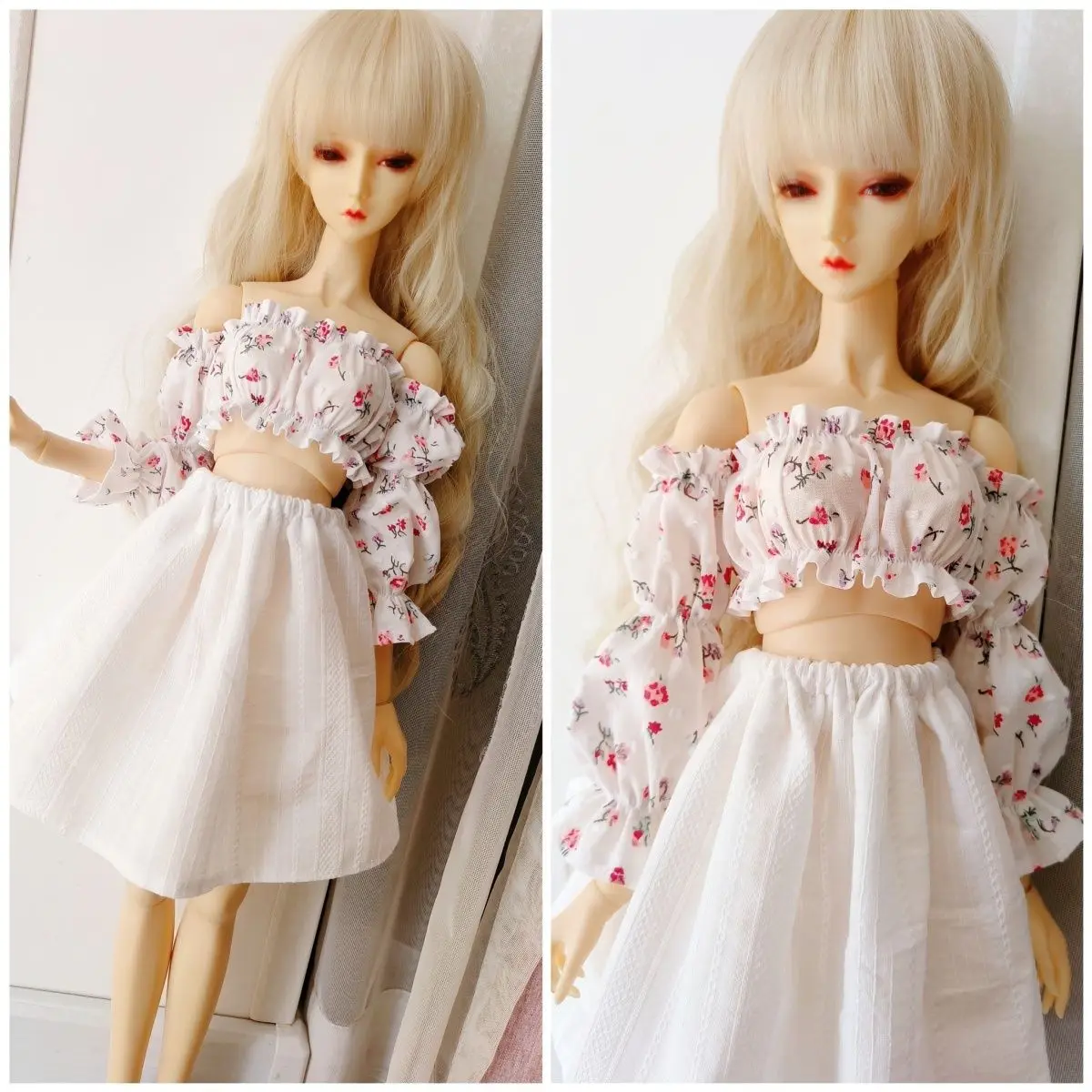 boneca, vestido floral, top de manga bolha,