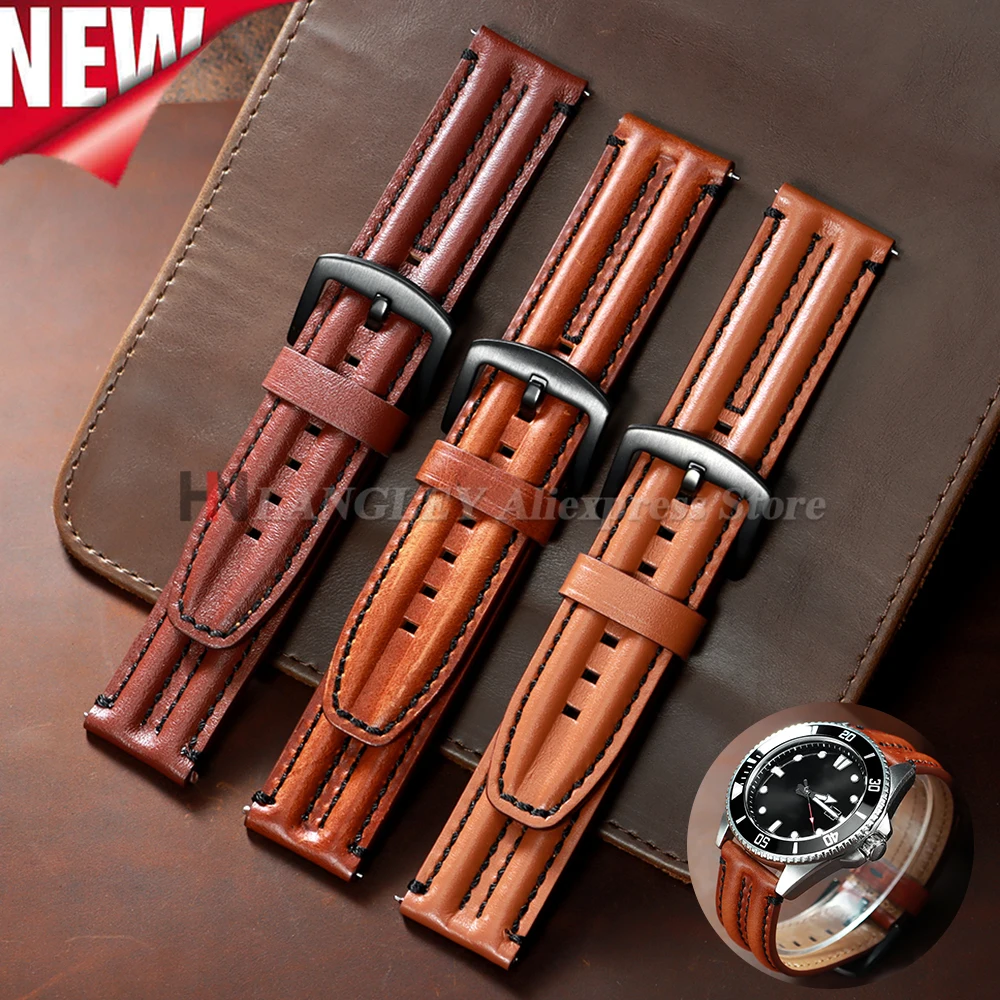 Vintage Genuine Leather Watch Band Straps - Premium Cowhide Double-Stitched Design, Unisex Fashion Accessory