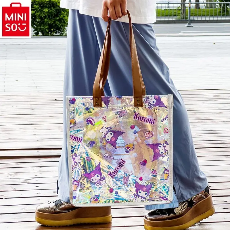 MINISO Sanrio Cartoon Hello Kitty Laser Contrast Color Handbag for Women's Fashion Trend Large Capacity Shopping Storage Bag