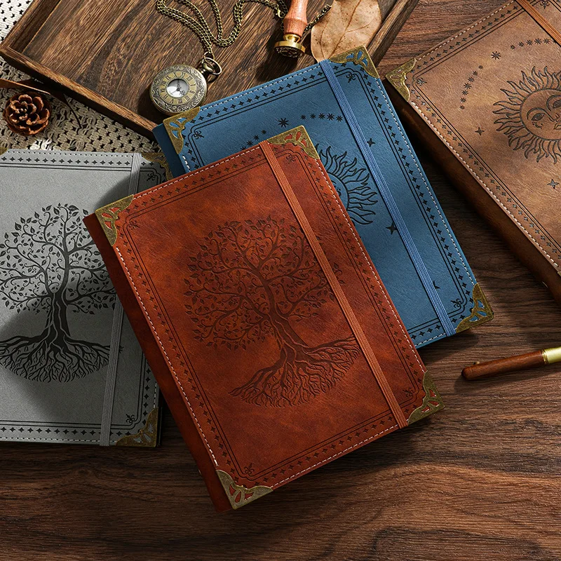 Refillable Leather Journal with Retro Tree & Sun Design - Witchy Notebook