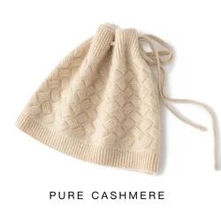 Women Winter 100% Cashmere Hat Warm Thick Ear  Protection Cap Female Solid Elegant Drawstring Cap All Matched High Quanlity
