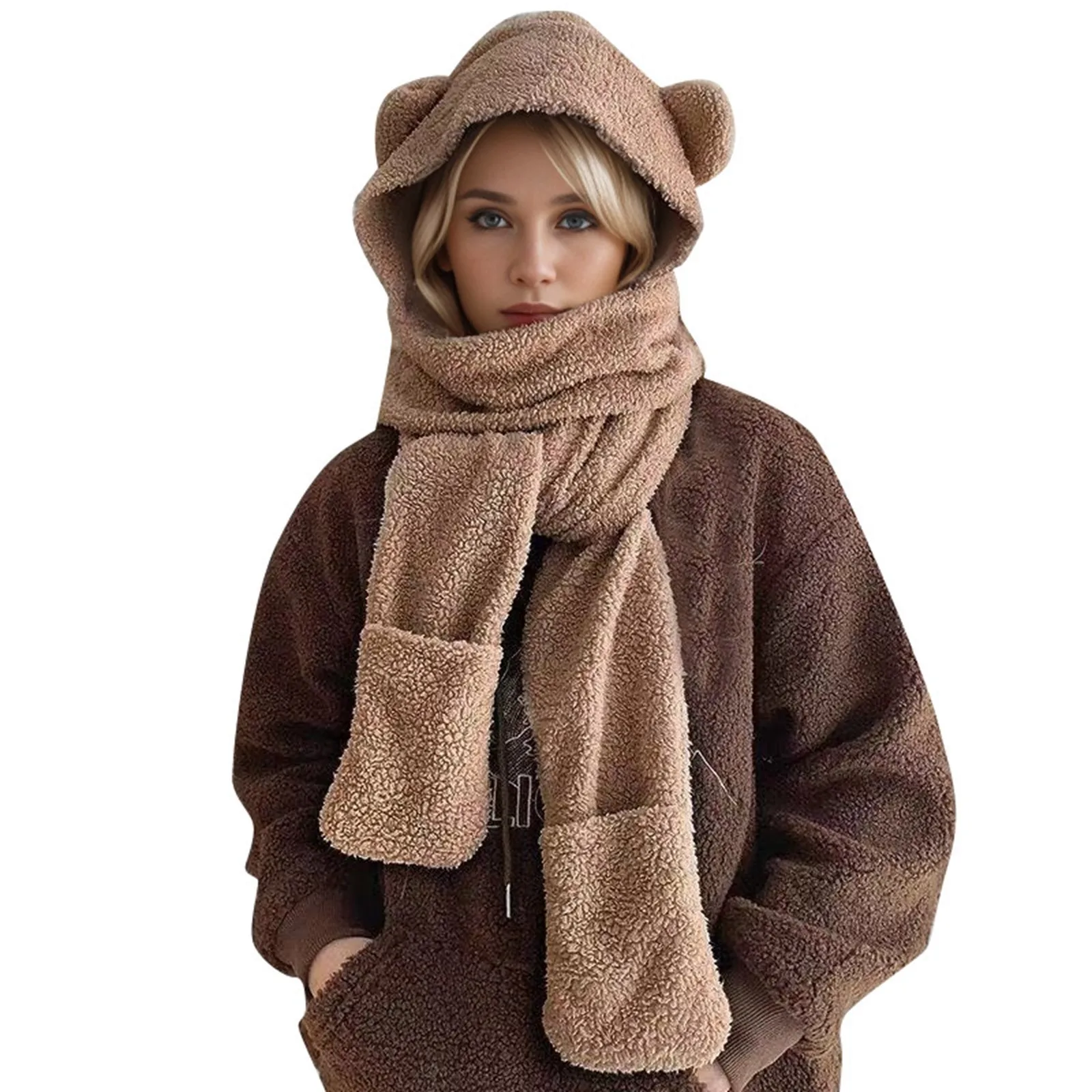 Gorro con orejas de oso para mujer, bufanda, gorro de invierno 2023, cálido, informal, de felpa, con capucha, forro polar peludo para niña_voghion.com