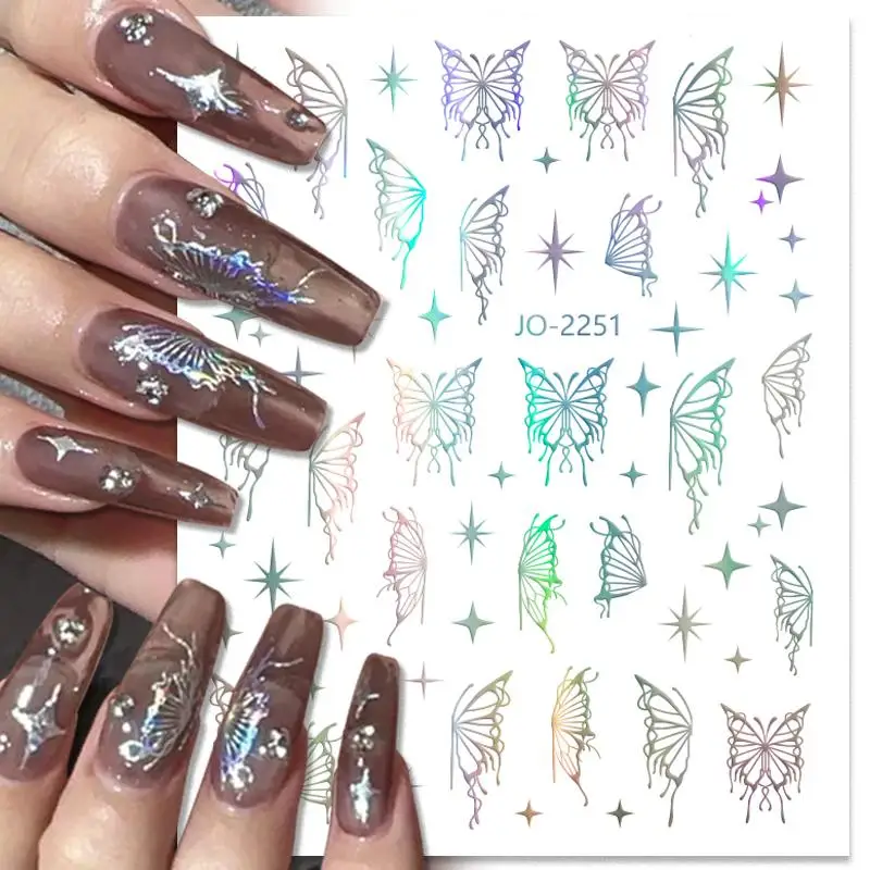Silver Black White Butterflies 3D Nail Sticker Metal Butterfly Star Crucifixion Adhesive Slider Wraps Manicure Gel Polish Decals Nail Art Decoration