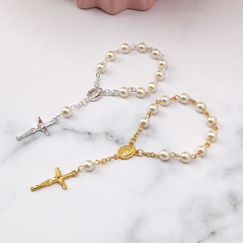 10/20/50PCS Baby Pearl Baptism Communion Gift Catholic for Cross Finger Chain Mini Rosary Gold Silver for Cross Rosary Bracelet 4