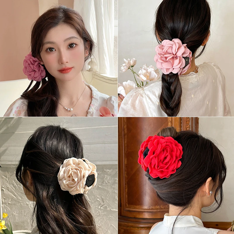 French Vintage Rose Hair Claw Clips 3D Rose Flower Hairpin Half Tie Plate Hair Clip Shark Hairpin Headwear Sweet Hair Clamp