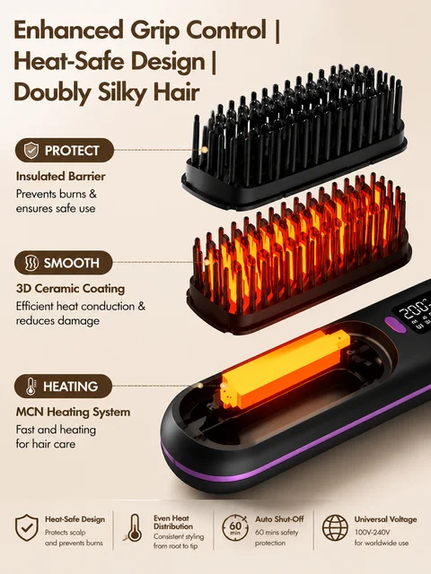 Portable Hair Straightener Brush USB Charging Cordless Hot Comb Ceramic Coating Ionic Anti Frizz Styling Tool 4