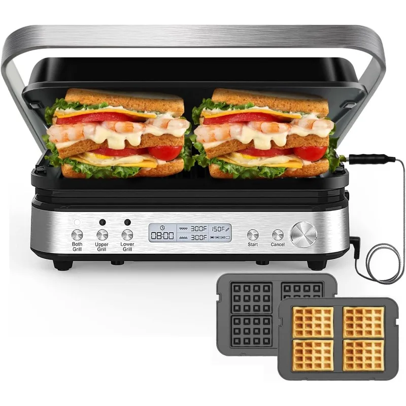 

Panini Press Grill Sandwich Maker with Removable Waffle Plates, 6 in 1 Electric grills with Meat Thermometer, CATTLEMAN CUISINE