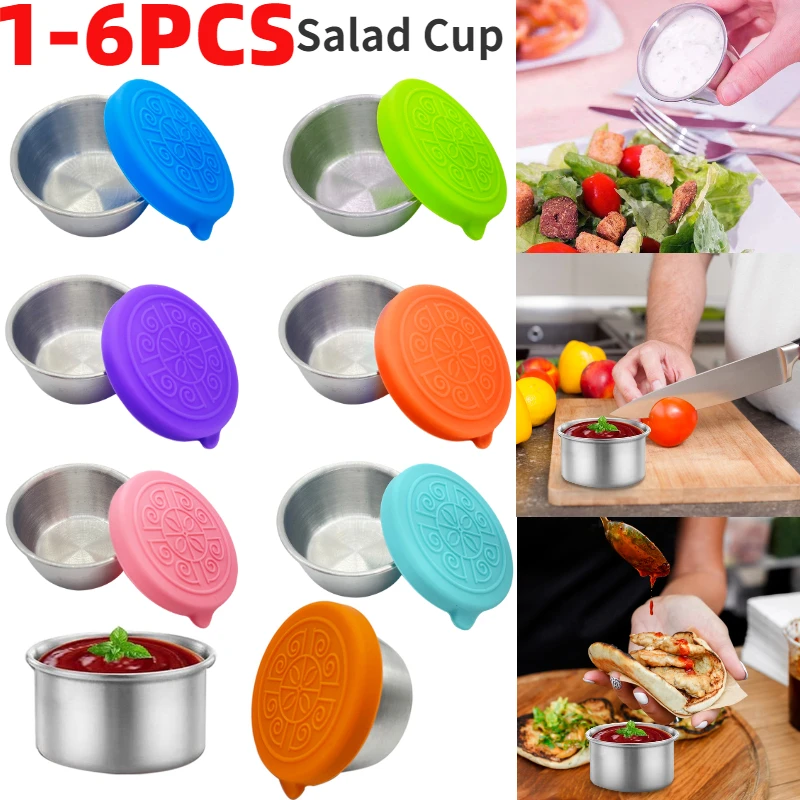 6pcs Salad Dressing Container To Go Stainless Steel Dipping Sauce Cups