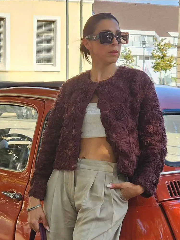 HH Women Elegant 3D Flower Texture Decoration Short Coat O Neck Long Sleeve Jackets Spring Fashion High Street Outerwear