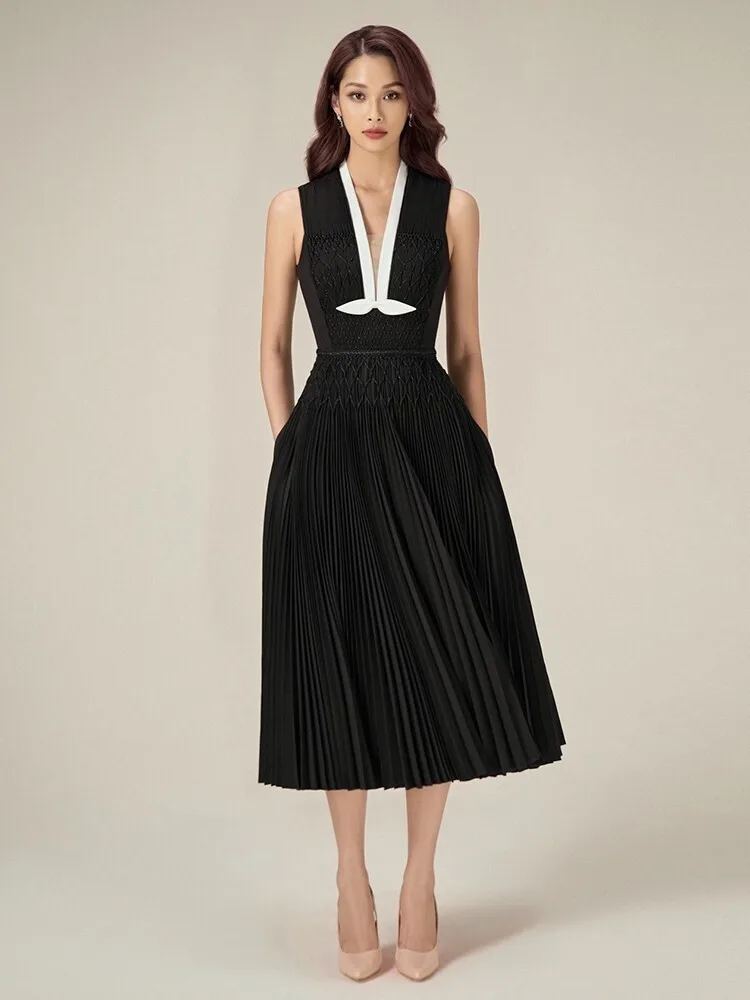 Eshin Sleeveless Solid Color V Neck Hand Made High Quality High Waist Party Dress For Women 2024 Summer Fashion Female TH6794