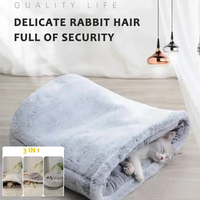 Pet Cat Burrow Bed Winter Soft Warm Plush Nest Thickened Sleeping Bag Puppy Kitten Sofa Cushion Set Pet Supplies 5