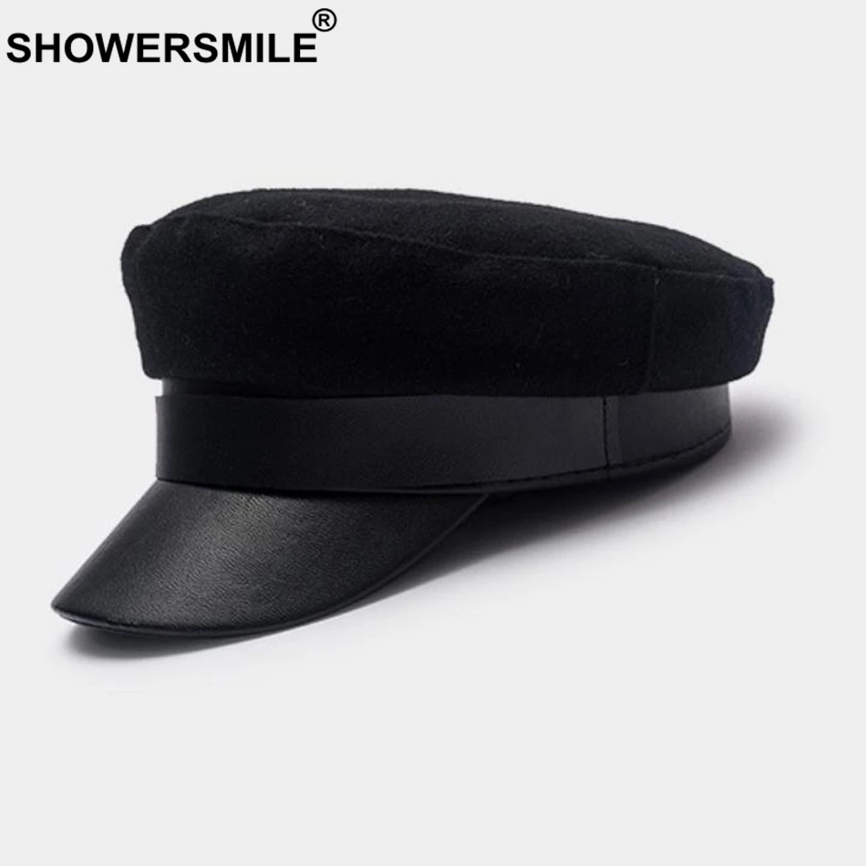 SHOWERSMILE Wool Newsboy Caps Winter Black Captain Hat Women Leather Flat Caps Ladies Elegant Classic British Baker Boy Cap