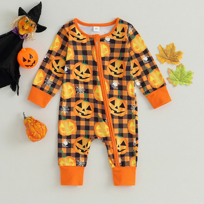 

Baby Boys Girls Halloween Clothes Newborn Long Sleeve Hooded Romper Pumpkin Ghost Print Jumpsuit Zipper Playsuit Outfits