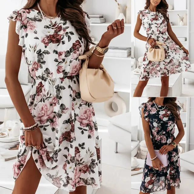 Chiffon Print Summer Dresses Woman Short-Sleeved Ruffled Dress A Line Long Dresses 2024 New Waisted Sundress Tunic Dress 2