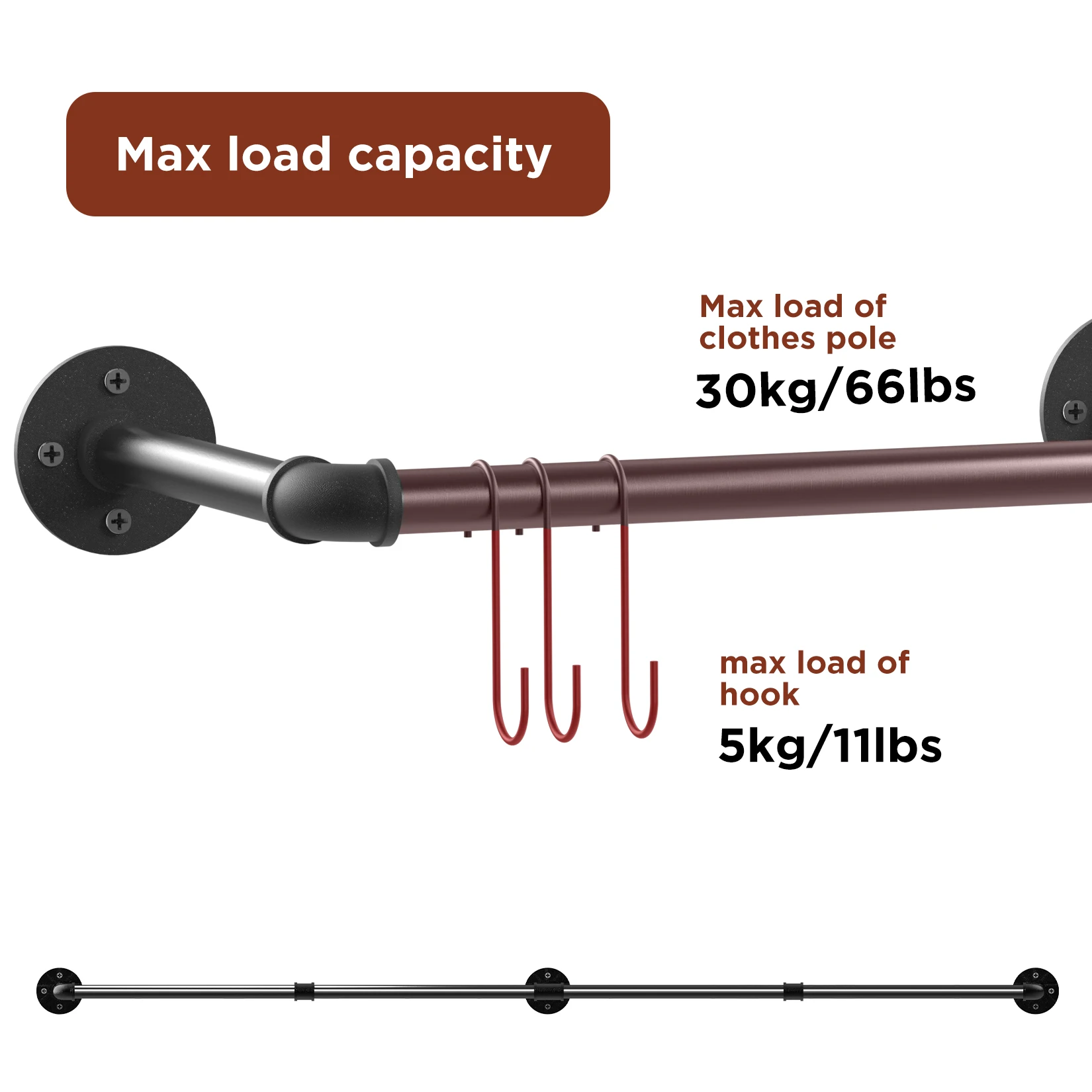 70.8 Inch Industrial Pipe Clothing Rack Wall Mounted Clothes Rail Garment Hanging Bar Rod Display Rack Closet Storage 6