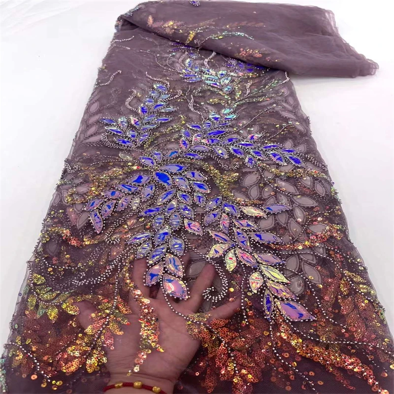  Luxury 2022 Women\'s Sewing Material 5 Yards High Quality Sequins/beads Embroidery Nigerian Lace Fabric For Party Dress CD-375