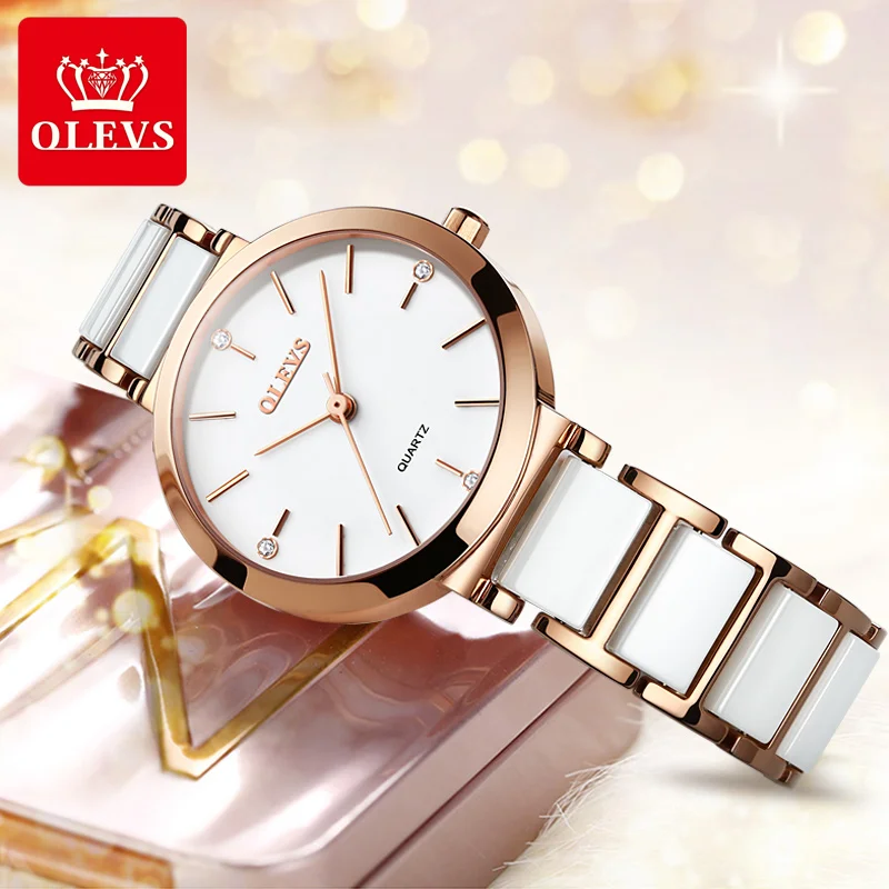 OLEVS Ceramics Watchstrap Quartz Women Watch Waterproof Luxury Brand Watch For Women Fashion Elegant Ladies Bracelet 5877 Women Electronic Watch
