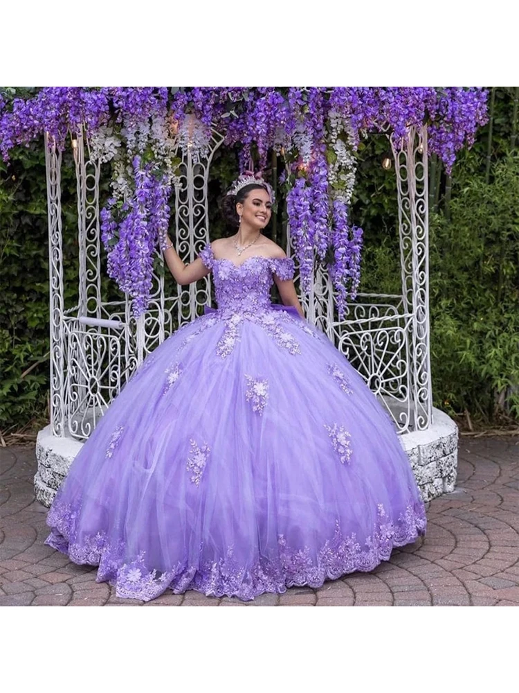 Purple Quinceanera Dress Ball Gown Applique Tulle Puffy 3D Floral Sweet 16 Girl Princess Birthday PageantEvening Dress