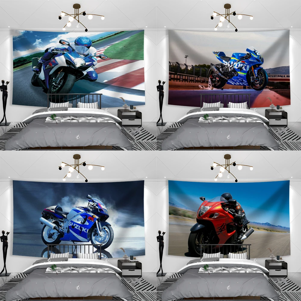 Blue Motorcycle Gray Rider Tapestry And Decor Wall Hanging Sport For ...