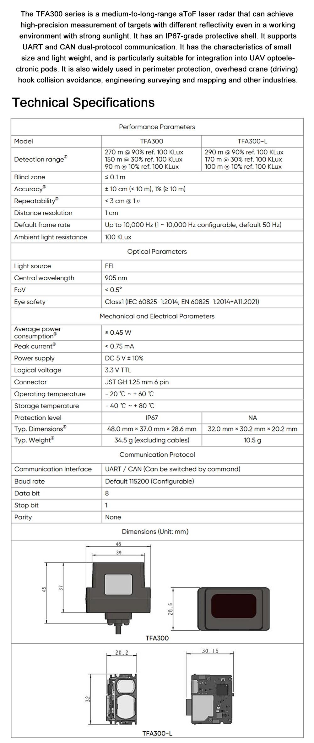 TFA300 Ultra-high Frequency Lightweight UAV Lidar TFA300-L Radar Sensor 290M Ran