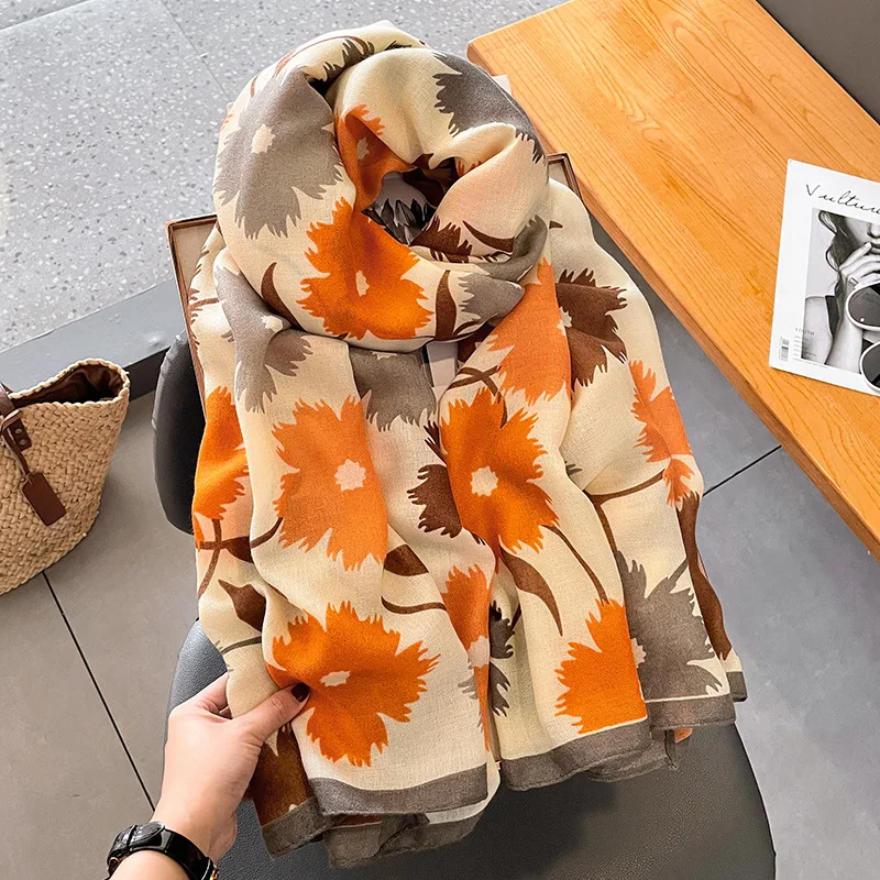 Soft cotton and linen floral scarves for women in spring and autumn, new blue scarves for mothers, trendy shawl necklaces