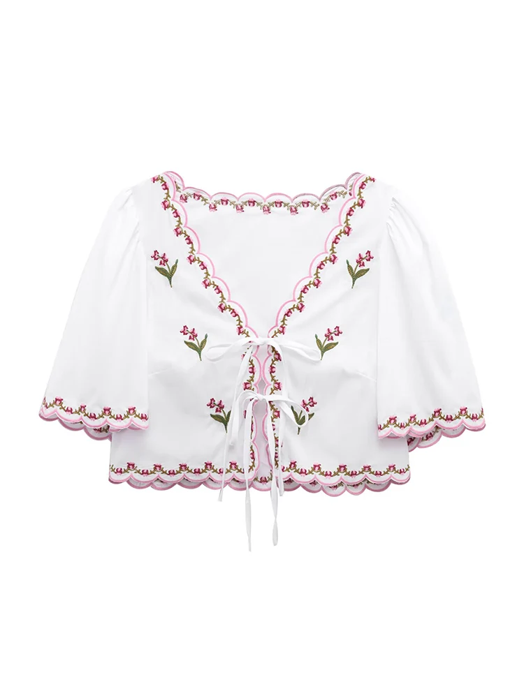 TFMLN Embroidery Shirts Blouses For Womens Summer Lace Up Round Neck Short Top Loose Short Sleeve Casual Shirt Retro Style