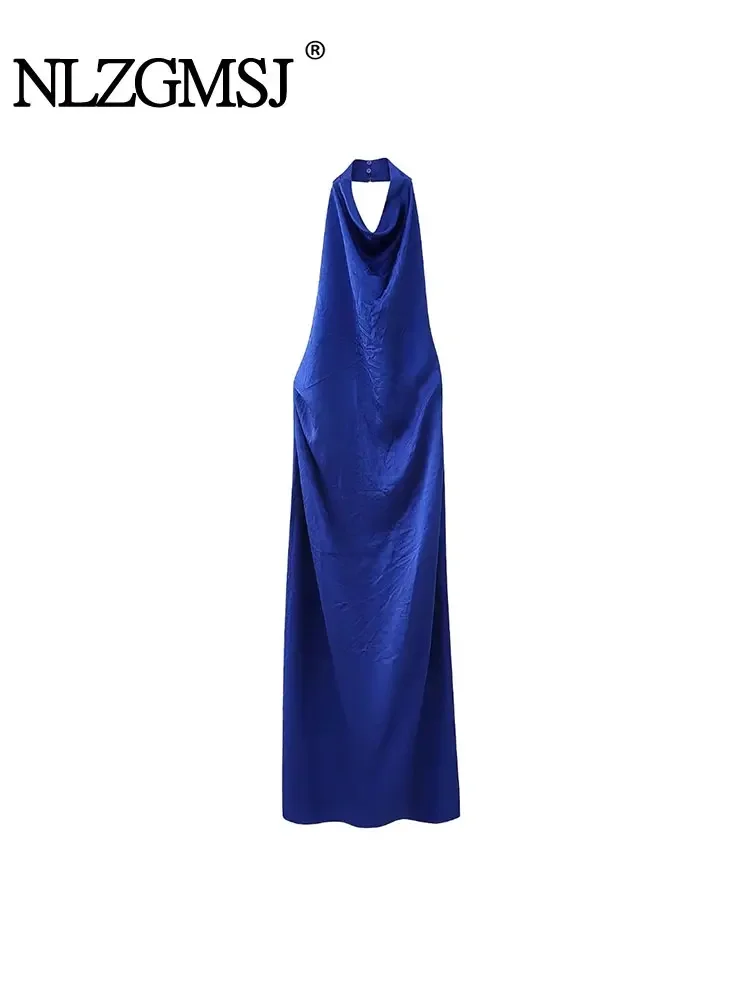 

Nlzgmsj TRAF 2024 Blue Halter Long Dress Women Sexy Off Shoulder Backless Slim Midi Dress Woman Slit Hem Elegant Party Dresses