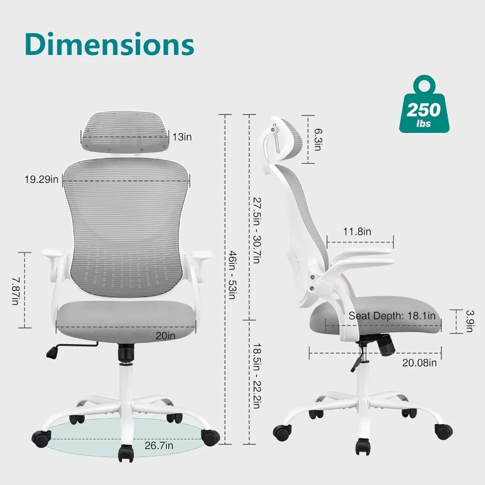 Office Computer Desk Chair, Ergonomic High-Back Mesh Rolling Work Task Chairs with Wheels and Adjustable Headrests,Study, Grey 3