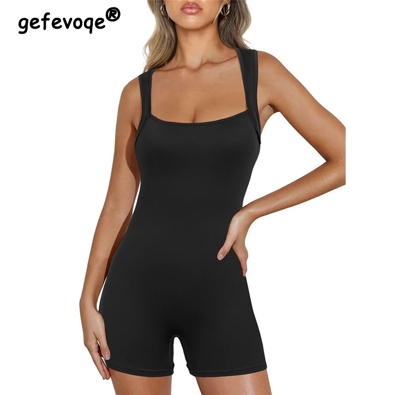 Women Summer Sexy One Piece Bodycon Playsuits Y2K Solid Sleeveless Jumpsuits Sports Fitness Skinny Romper Outfits Ropa De Mujer