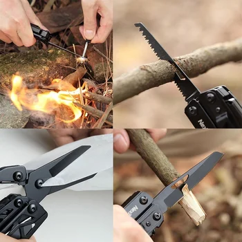 Illustration of 4 uses of a multitool: knife, scissors, saw, lighting a fire