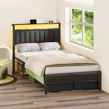 Full Size Bed with Built-in Charging Station, LED Lights, and Headboard Shelves on Metal Platform