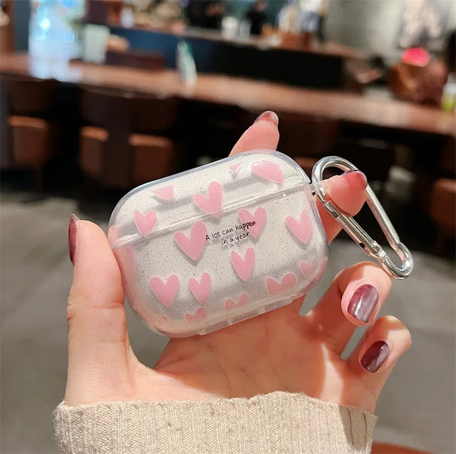 Heart Flower Bling Glitter Earphone Case with Keychain - Soft TPU Cover with Keychain Attachment