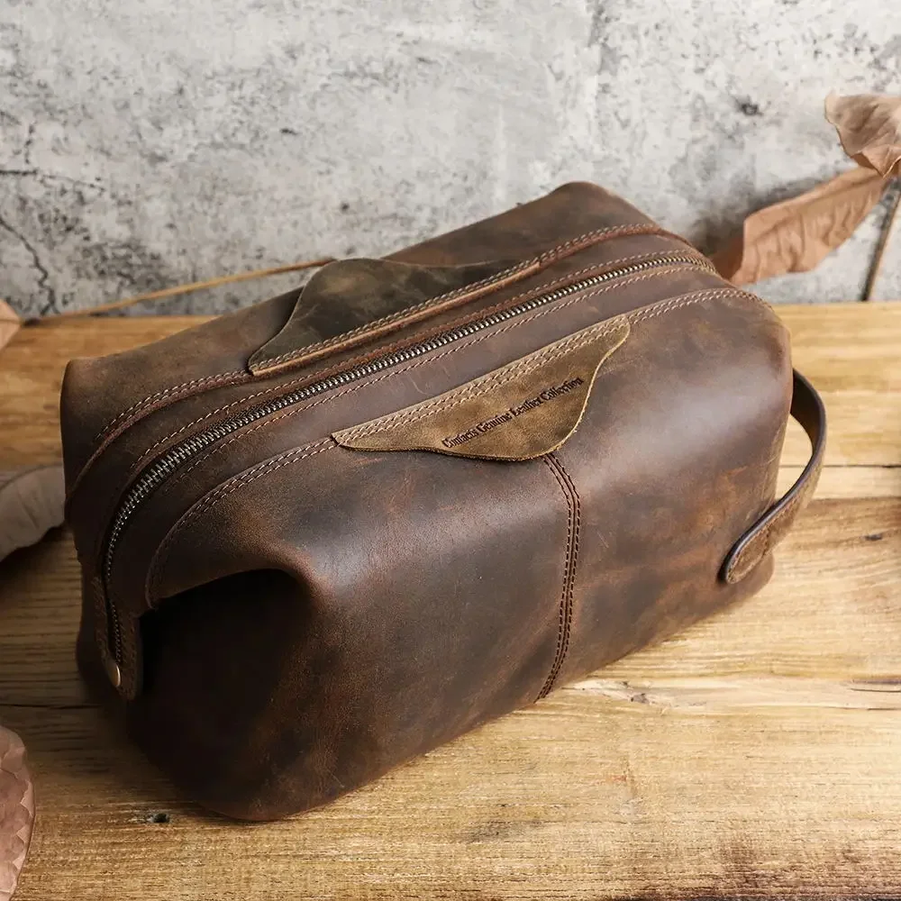 Genuine Leather Toiletry Travel Bag for Men and Women