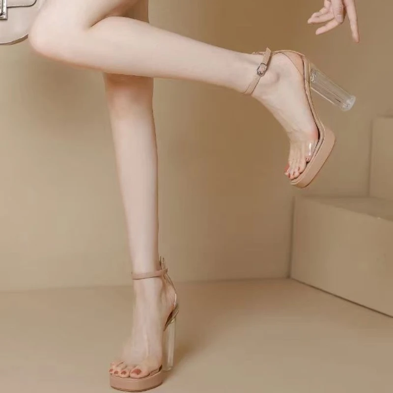 크리스탈 투명 여성 하이힐 샌들, 방수 플랫폼, 두꺼운 힐, 7 cm, 9 cm, 11cm, 24 신상