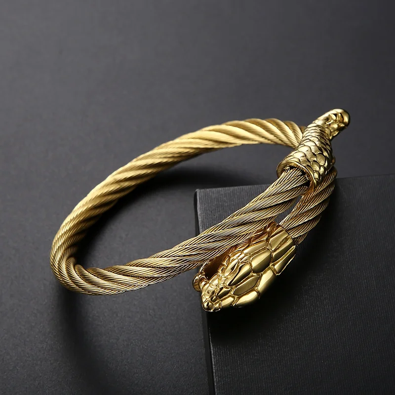 Fongten Punk Animal Snake Men's Spiral Twisted Chain Bracelets Stainless Steel Cable Bracelets For Men Gothic Bangle Jewelry bangle bracelet stainless steel bracelet chain bracelet