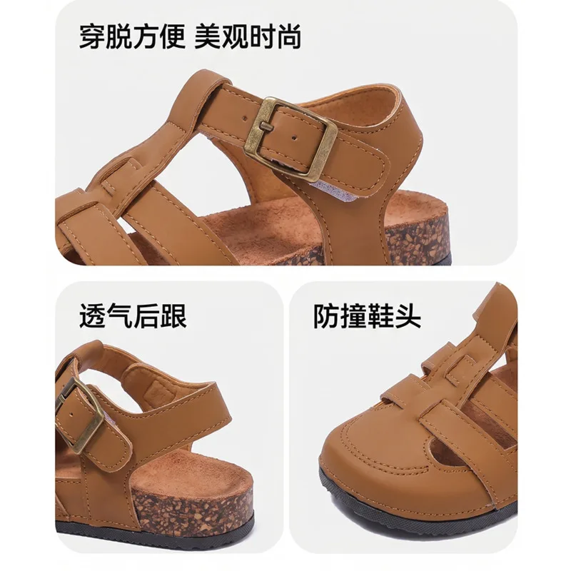 솔리드 아동 글래디에이터 샌들 남아 PU 가죽 막힌 앞코 여아 남아 코르크 샌들 여름 캐주얼 훅앤루프 키즈 비치 슈즈