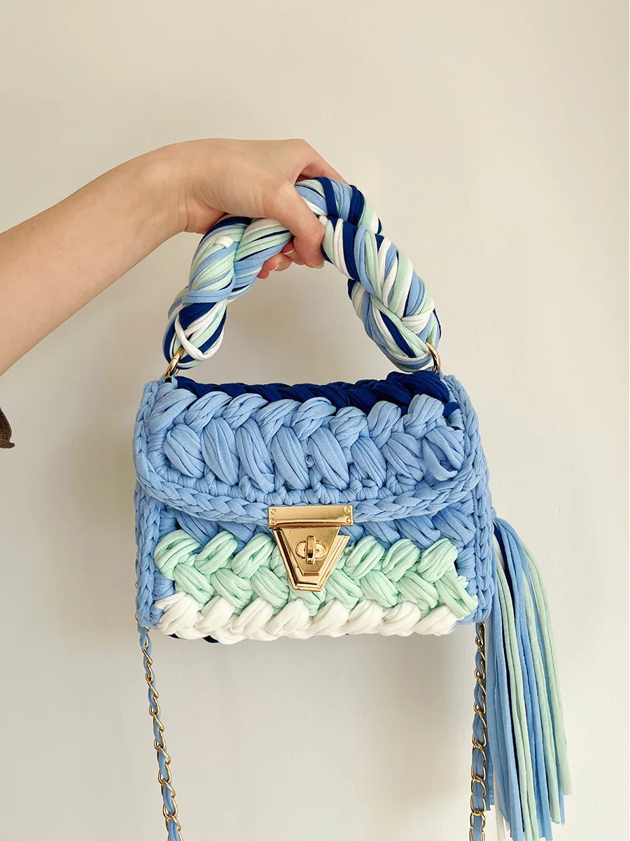 New Handmade Woven Women's Crossbody Bags Thread Hook Knitted Shoulder Bag Colorful Strip Chains Bags for Women Small Purses