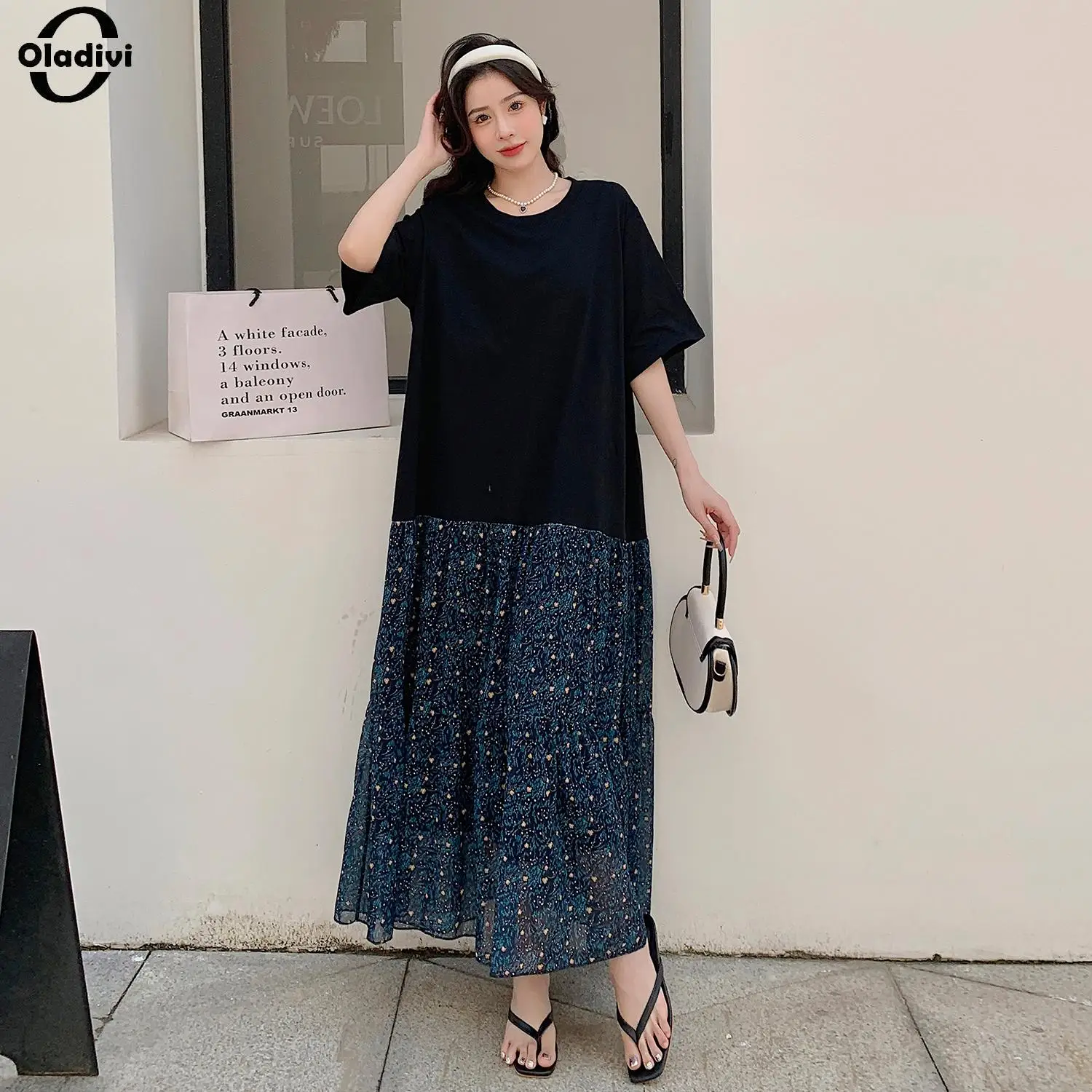 

Oladivi Large Size Women's Fashion Print Casual Loose Patchwork Dress 2023 Summer Oversized Dresses Female Tunic Robe 4XL 30355
