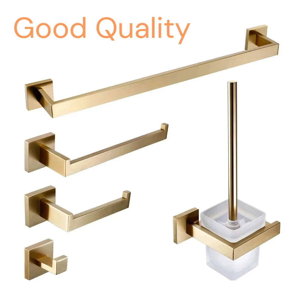 ชุดอุปกรณ์ห้องน้ำสีทองขัดเงา ที่วางแปรงขัดห้องน้ำ ที่ใส่กระดาษชำระ ราวแขวนผ้าเช็ดตัว ราวแขวนของ ตะขอแขวน ที่วางสบู่ อุปกรณ์ฮาร์ดแวร์ 1