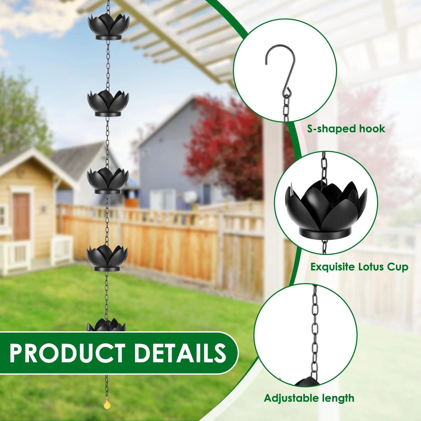 Rain Chain Adapter Unique Rain Chains 3.28 to 3.97ft Iron Rain Catcher Chain for Gutters Outdoor Decorative Hanging Chain with Relaxing Water Sound