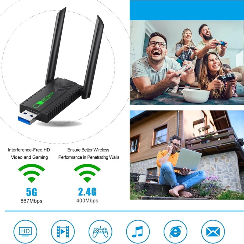 Wireless USB WiFi Adapter For PC 1300Mbps 5G Dual Band Windows11 10 8 7 Vista XP