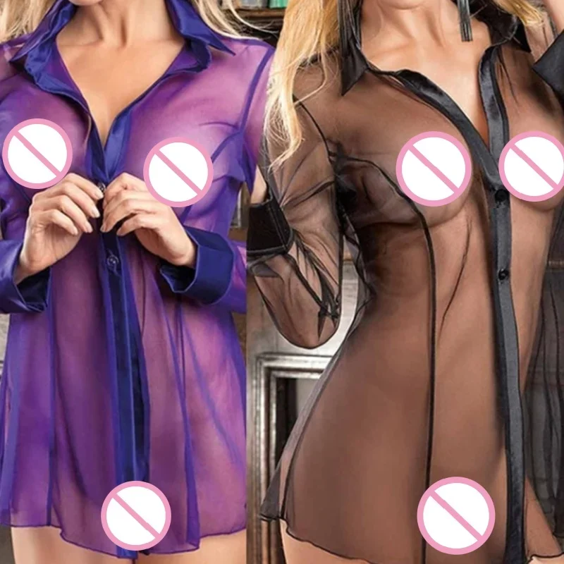 여성 단추 란제리 드레스 투명 Clubwear 스트리퍼 긴 소매 블라우스 새로운