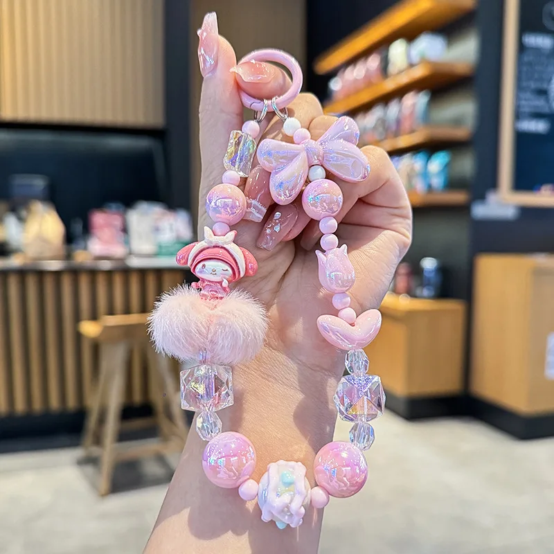 Sanrio 헬로 키티 멜로디 헤어볼 전화 체인 카메라 펜던트 Kuromi 손으로 그린 ??파란색 카와이 팔찌 키 체인