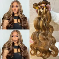 P4‑27 Piano Highlight Body Wave Mèches de Cheveux Humains 100% Brésiliens Remy, Tissage Fait Main, Doux et Épais, Sans Perte de Cheveux, Sans Nœuds, Extensions de Cheveux Brun Miel Blond pour Femmes 12‑26 Pouces 6
